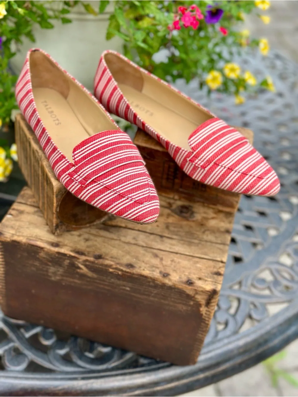 Talbots Red and White Striped Canvas Pointed Toe Flats Nautical